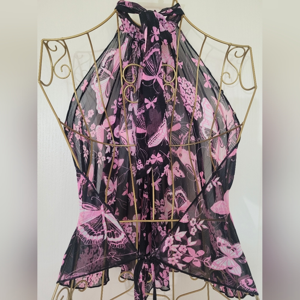19. Pink and Black Butterfly Flowy Halter Cut Top With Tie Back Size S - Picture 2 of 6